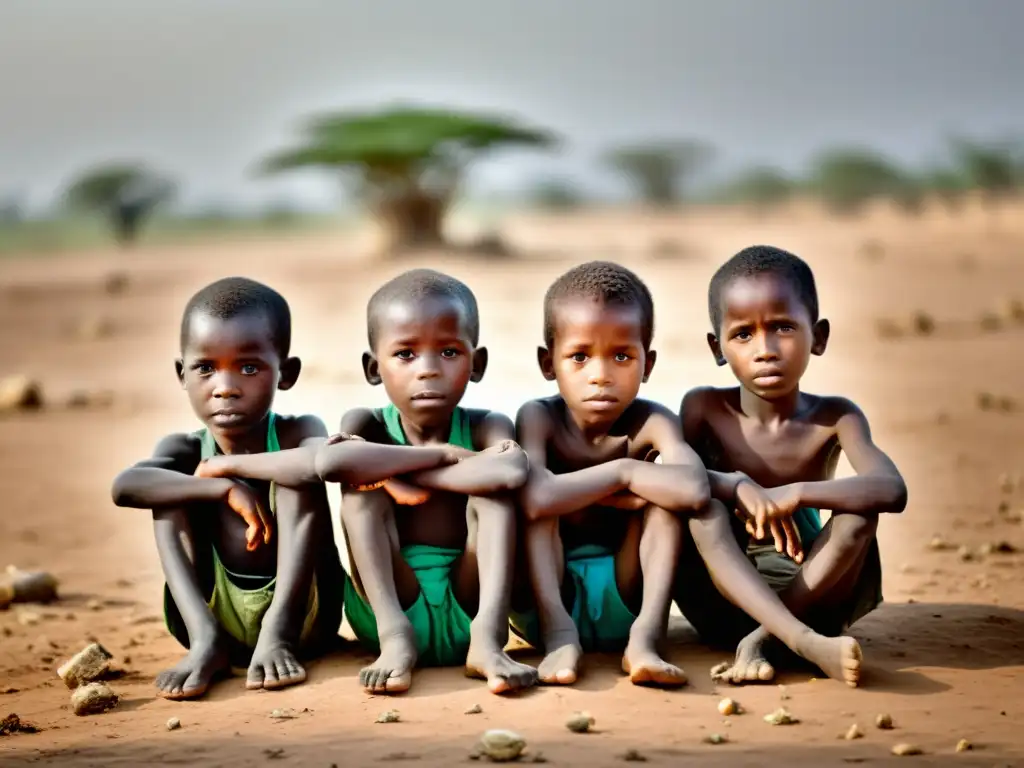 Un grupo de niños desnutridos en un entorno desolado, con expresiones tristes