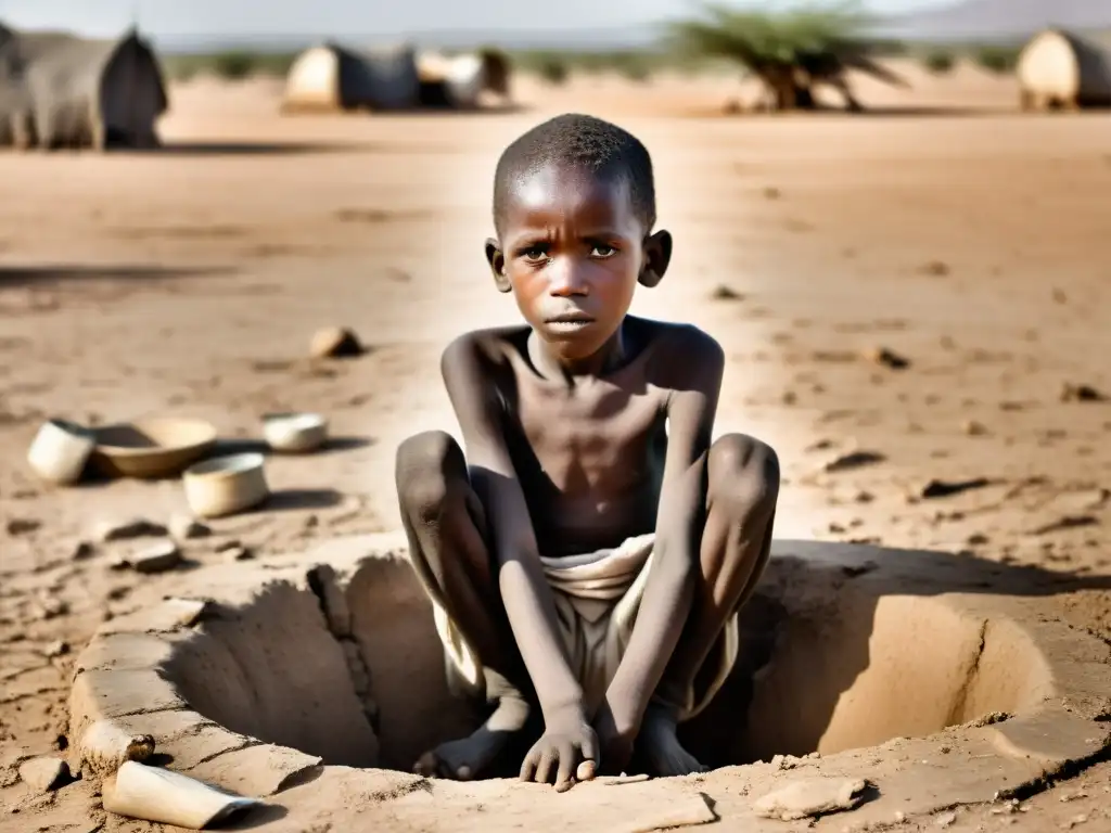 Grupo de niños desnutridos frente a pozo seco en África, impacto del cambio climático y las sequías