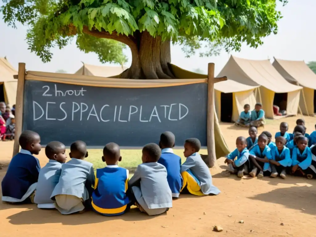 Un grupo de niños desplazados estudian bajo un árbol, con ropa desgastada y expresiones determinadas