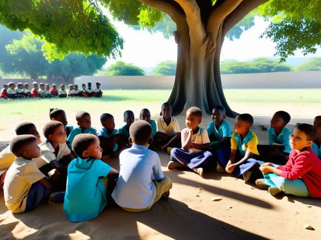 Un grupo de niños desplazados participa con entusiasmo en una clase al aire libre bajo un árbol