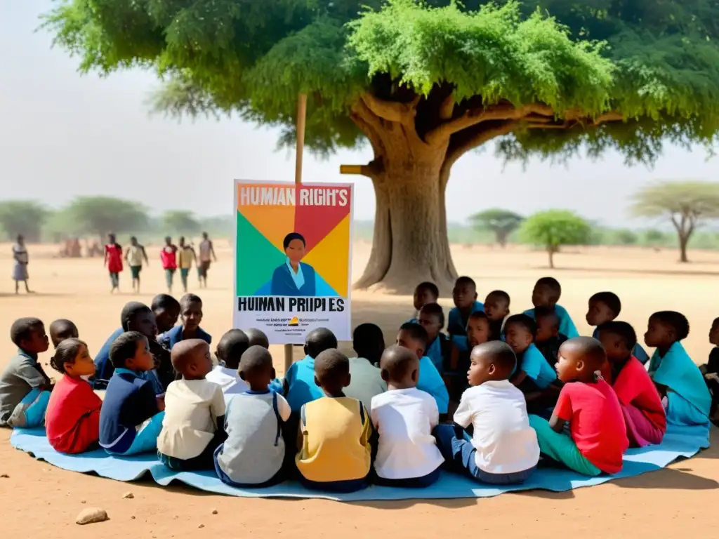 Un grupo de niños desplazados escucha atentamente a una maestra que les enseña principios de derechos humanos bajo la sombra de un gran árbol