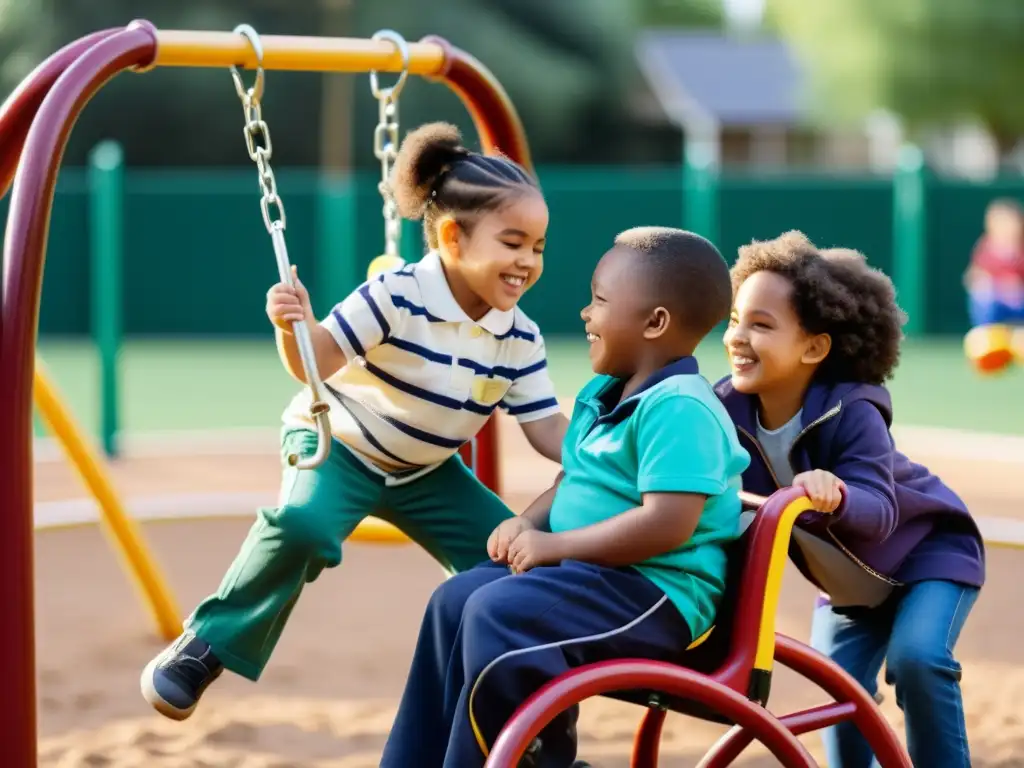 Grupo de niños con discapacidad disfrutando juntos en el parque, promoviendo los Derechos de los niños con discapacidad