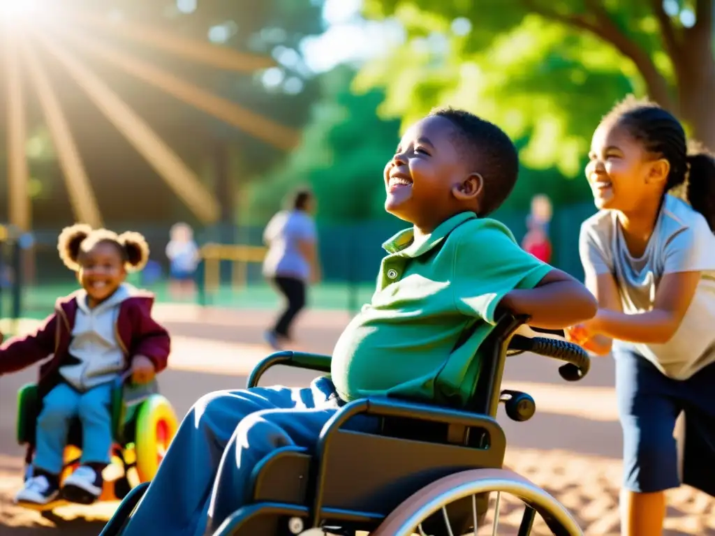 Un grupo de niños con discapacidad disfruta en un parque inclusivo con juegos adaptados, promoviendo los derechos humanos de los niños con diversidad