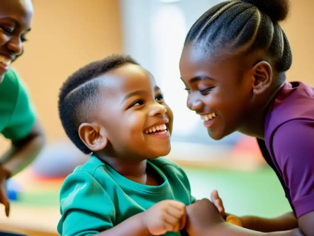 Grupo de niños con discapacidad participando en terapia, disfrutando de actividades terapéuticas con profesionales atentos