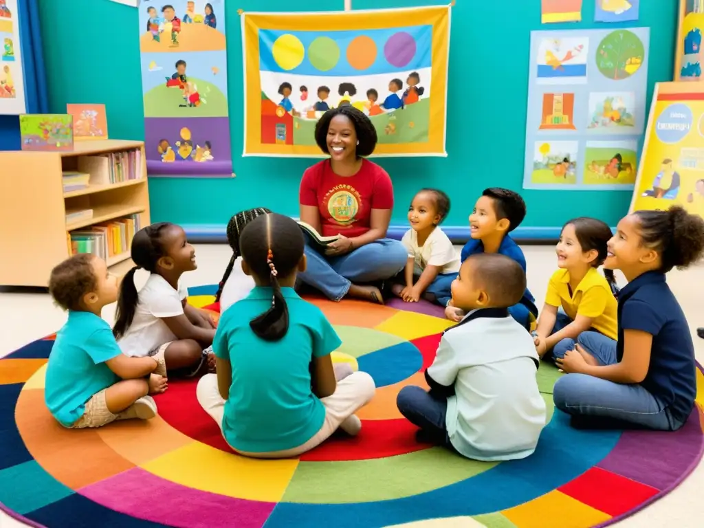 Grupo de niños diversos en círculo, escuchando atentos a maestra con libro ilustrado