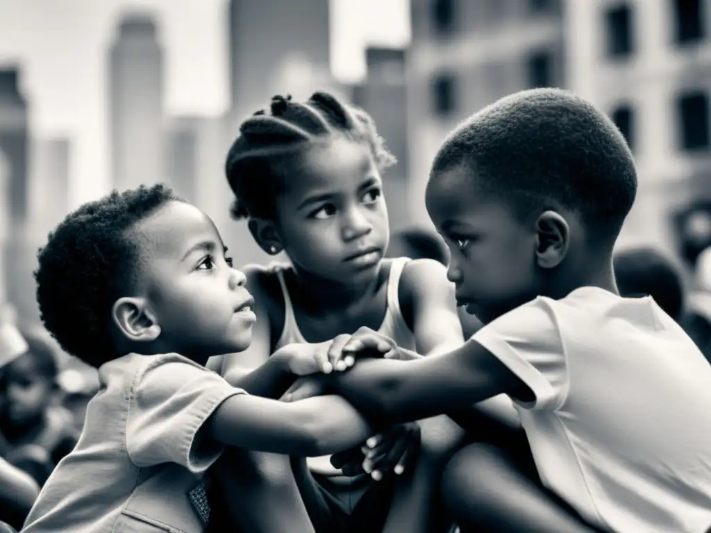 Un grupo de niños diversos se sientan en círculo, tomados de la mano, en una ciudad en guerra