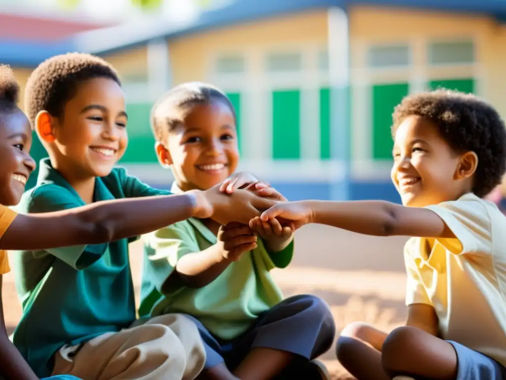 Un grupo de niños diversos de diferentes culturas se sientan en círculo, tomados de la mano y sonriendo mientras conversan