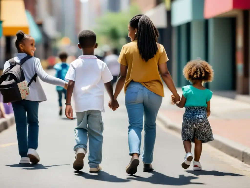 Grupo de niños diversos caminando juntos con un cuidador en la ciudad, destacando la disparidad en sus condiciones