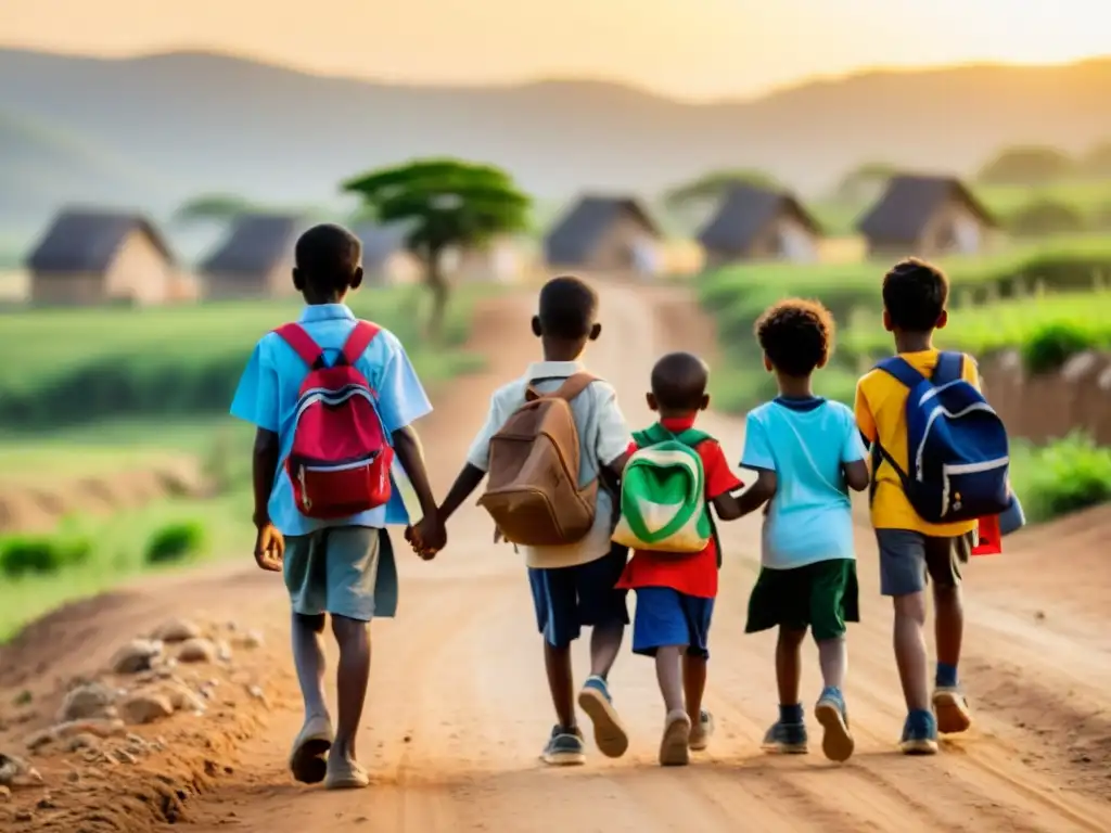 Un grupo de niños diversos caminan juntos en una aldea rural al atardecer, transmitiendo resiliencia y esperanza