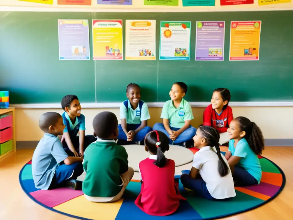 Un grupo de niños de diferentes edades y culturas discuten animadamente en un aula multicultural con luz natural y libros diversos