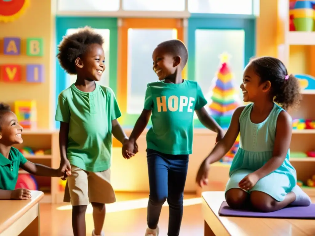 Grupo de niños jugando en un entorno seguro y educativo, rodeados de adultos y materiales coloridos