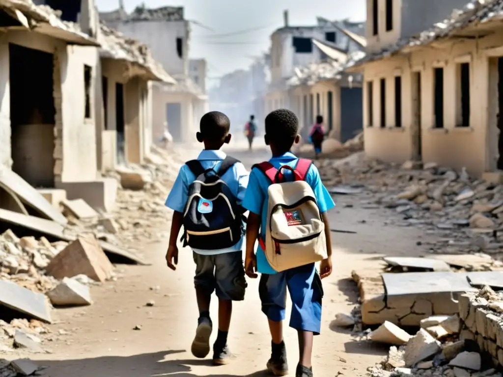 Grupo de niños caminando entre escombros en una calle destruida, reflejando la lucha por la educación en zonas de conflicto