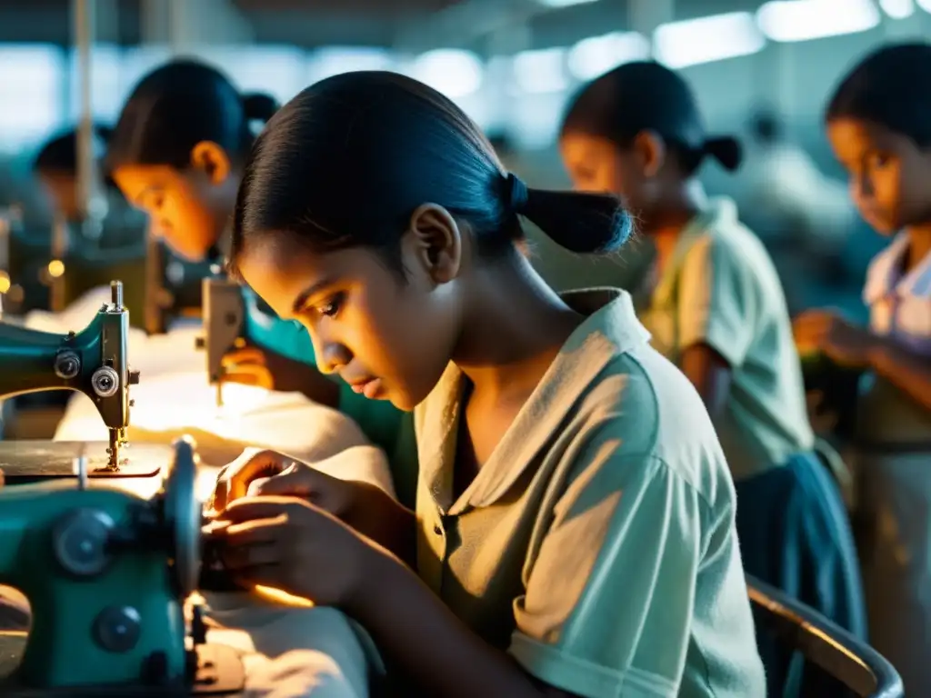 Un grupo de niños trabajan en una fábrica de ropa, con un ambiente sombrío y la presencia amenazante de un adulto