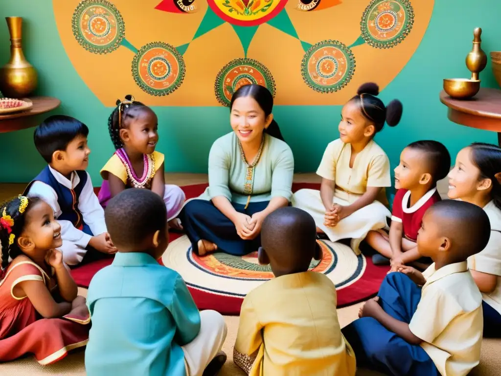 Grupo de niños escuchando fascinados un cuento tradicional, resaltando la importancia de la cultura en educación infantil