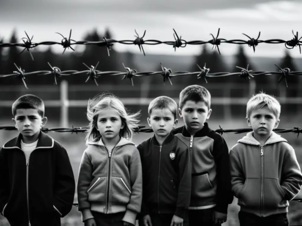 Grupo de niños frente a una valla de alambre de púas, reflejando el impacto de las dictaduras en la juventud de Europa del Este