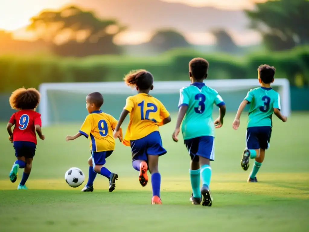 Grupo de niños juegan alegremente al fútbol al atardecer en un campo verde, resaltando la importancia del deporte en el desarrollo infantil