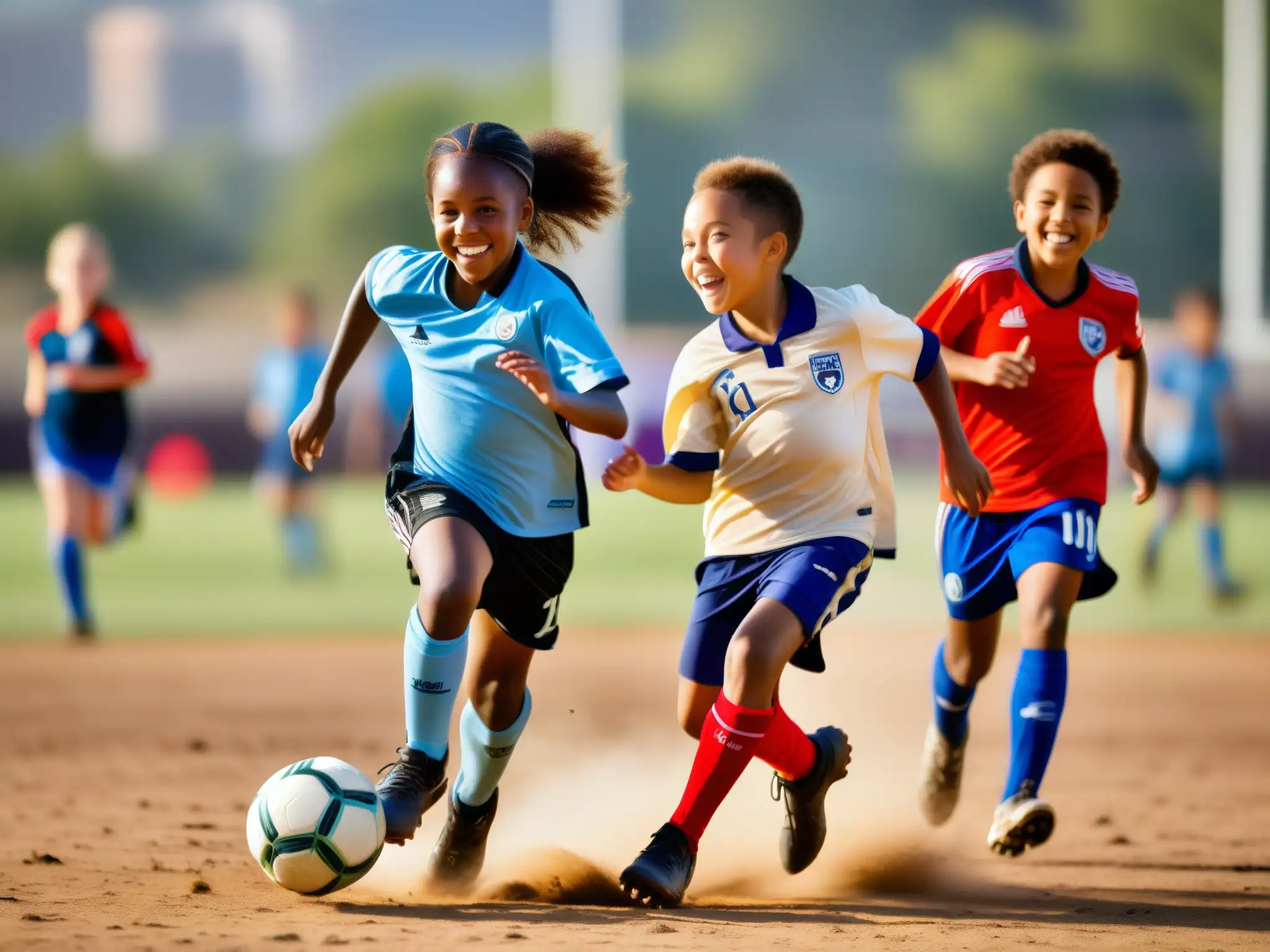 Grupo de niños diversos jugando fútbol en un campo polvoriento, sonriendo y disfrutando