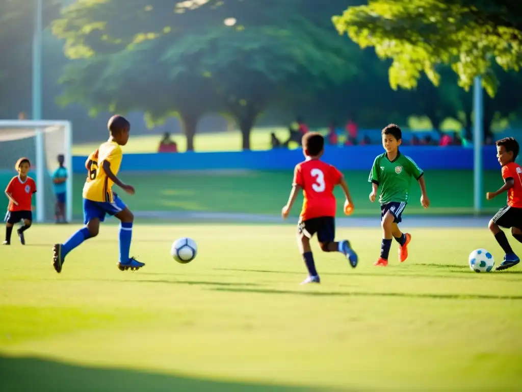 Un grupo de niños juega al fútbol en un parque, mientras la tarde ilumina el campo