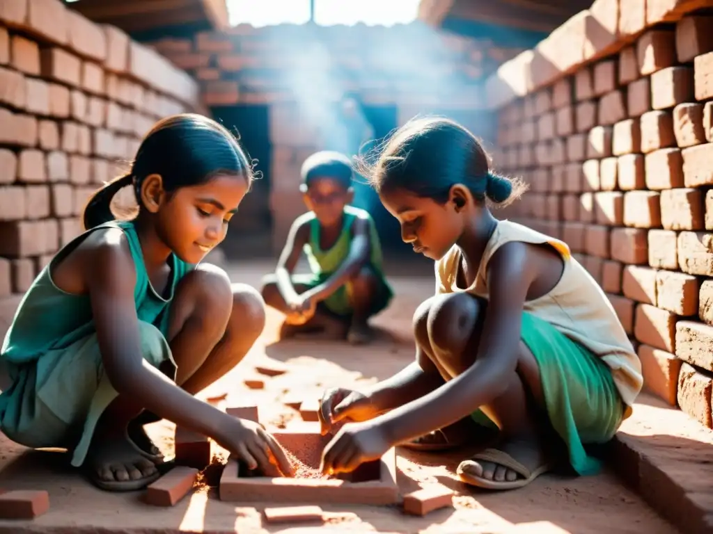 Un grupo de niños trabajando en un horno de ladrillos bajo el sol, contrastado con una aula llena de estudiantes ansiosos