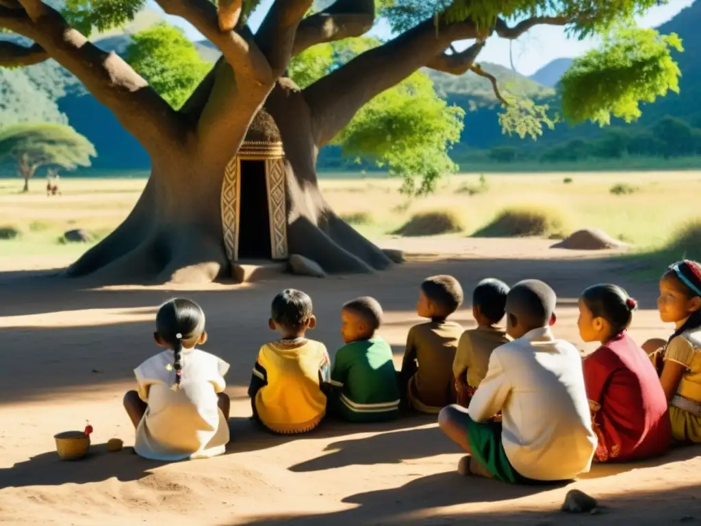 Un grupo de niños indígenas escucha atentamente a un anciano bajo un árbol frondoso en su aldea remota