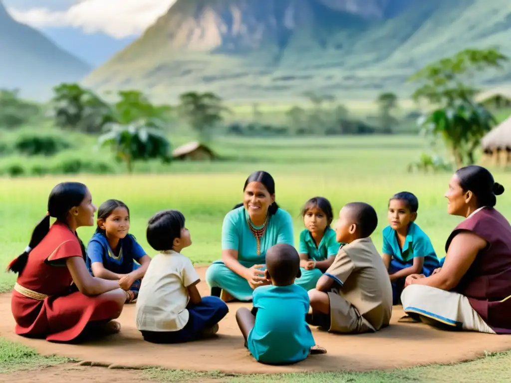 Grupo de niños indígenas en comunidad rural, dialogando con líder adulto