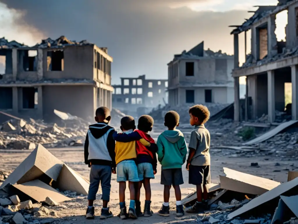 Un grupo de niños se resguarda juntos en una ciudad destruida por la guerra, reflejando la protección de niños en conflictos armados