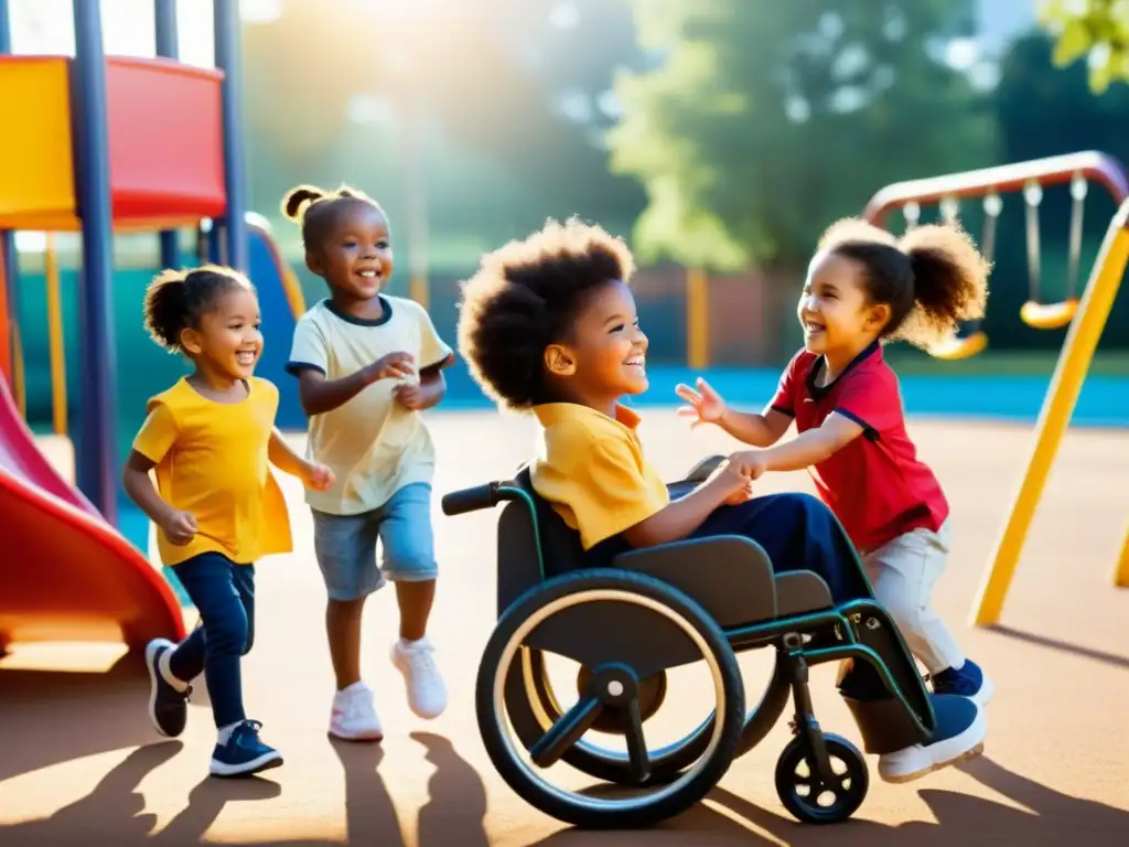 Un grupo de niños diversos juega juntos en el parque, algunos utilizan ayudas para la movilidad