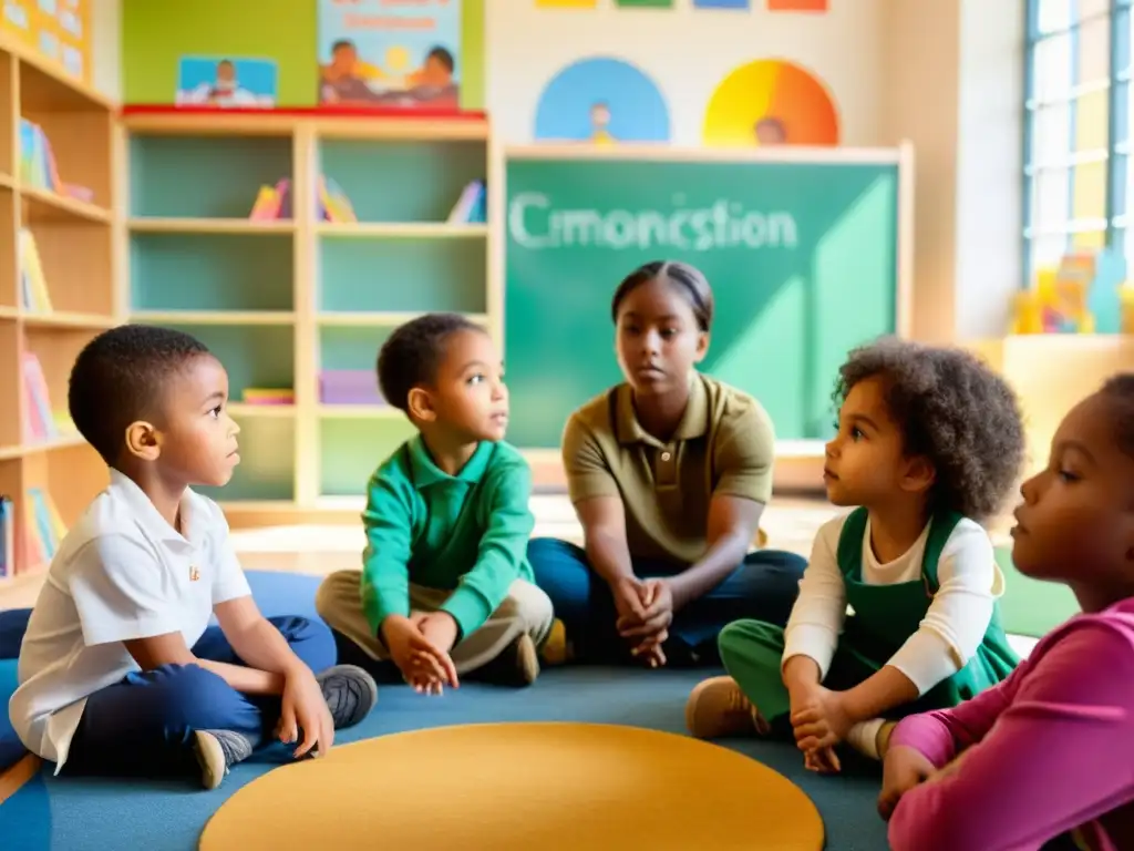 Un grupo de niños diversos participa en una lección sobre superar obstáculos en el aula