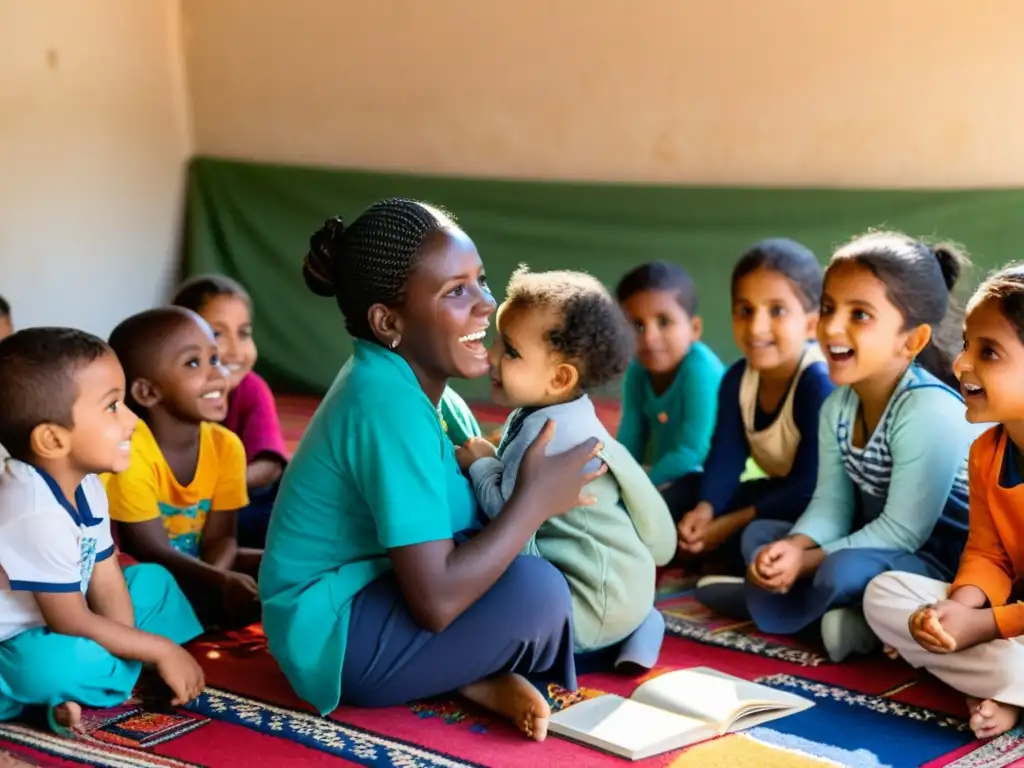 Grupo de niños escuchando atentamente a su maestra en un alegre aula de campamento de refugiados