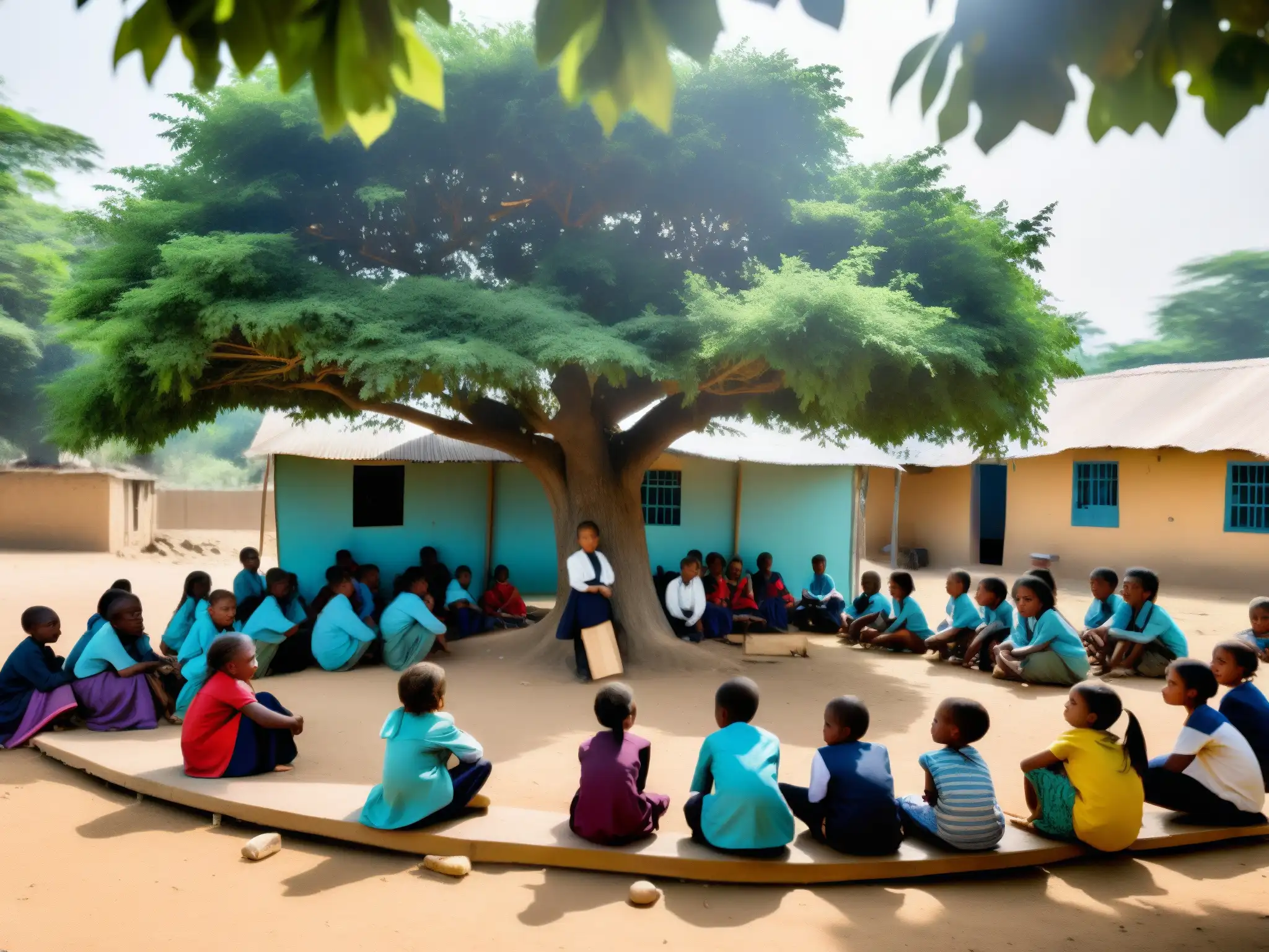 Grupo de niños y maestros en aula al aire libre en zona de conflicto, mostrando resiliencia educativa en zonas de conflicto