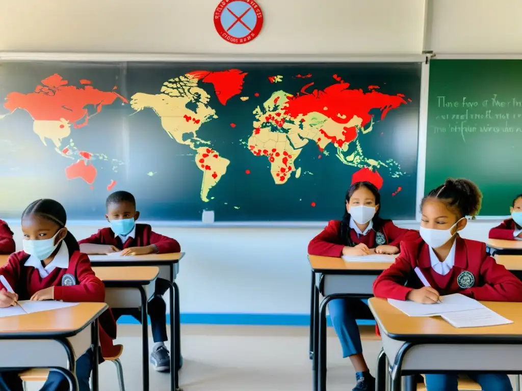 Grupo de niños con mascarillas en aula vacía, maestra señala mapa mundial con impacto de pandemias en educación global