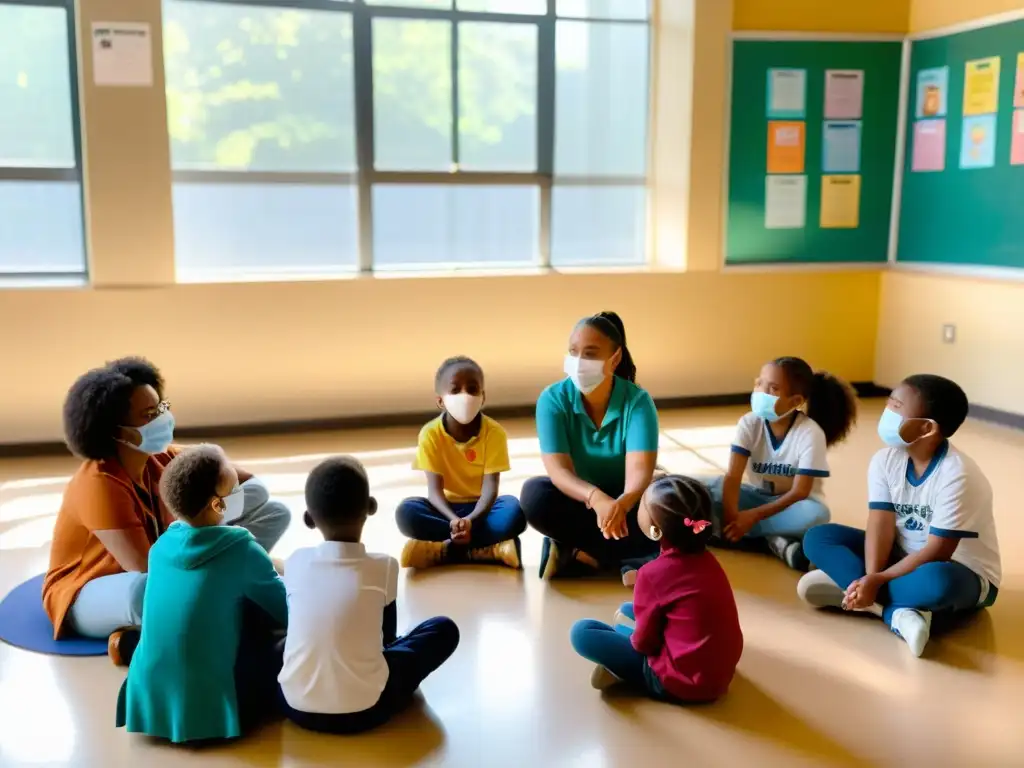 Grupo de niños con mascarillas participando en una clase sobre emociones y salud mental