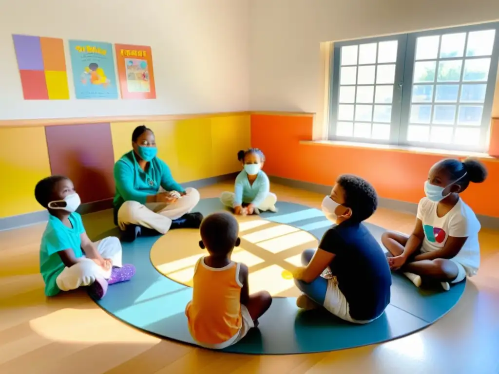 Grupo de niños con mascarillas jugando y escuchando cuentos, creando un ambiente seguro y cálido en medio de la pandemia