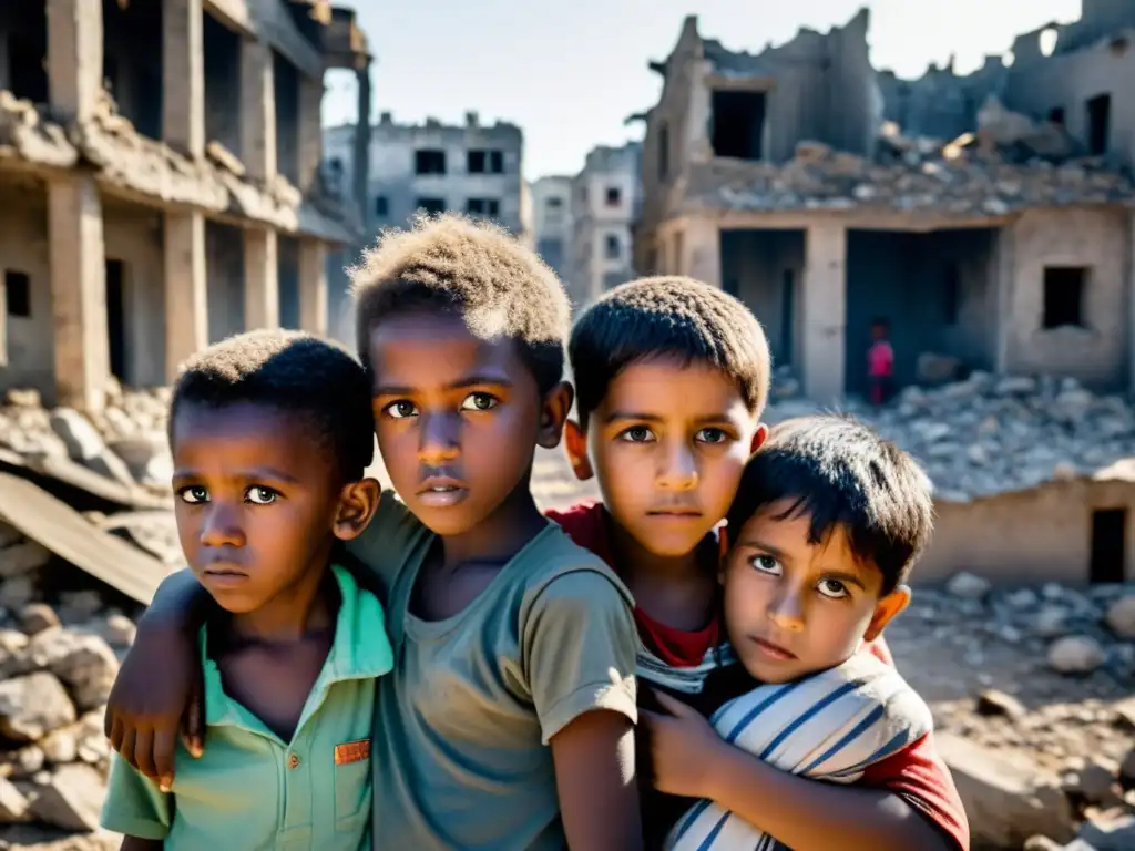 Un grupo de niños se abraza en medio de una ciudad devastada por la guerra, buscando protección y consuelo