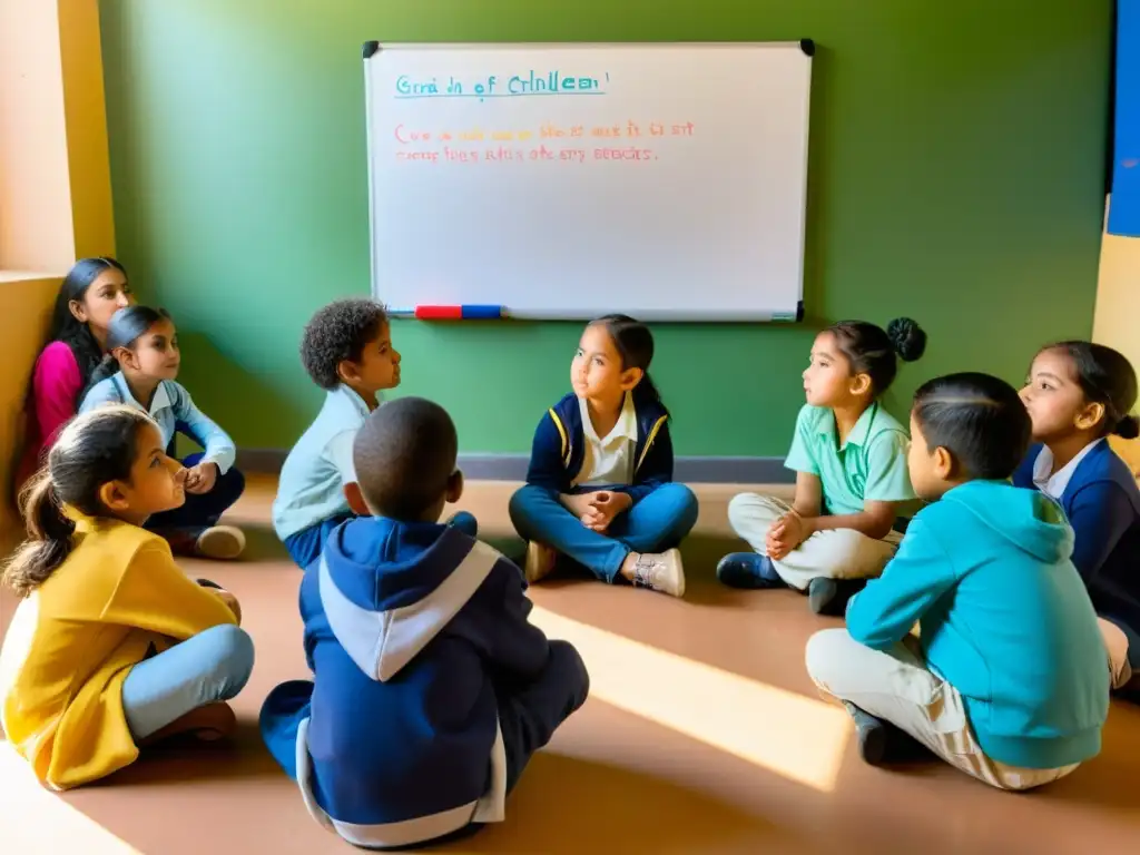 Un grupo de niños migrantes se sienta en un aula multicultural, escuchando atentamente a su maestra mientras escribe en la pizarra