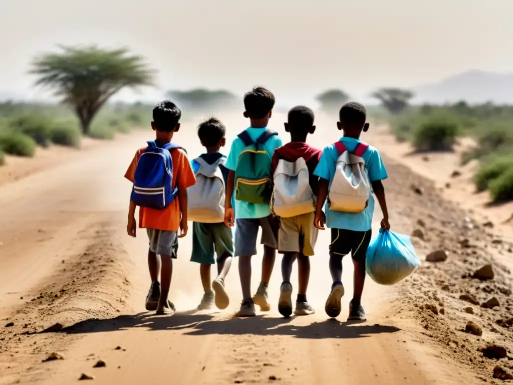 Grupo de niños migrantes caminando por un camino desolado y polvoriento, llevando sus escasas pertenencias en mochilas desgastadas