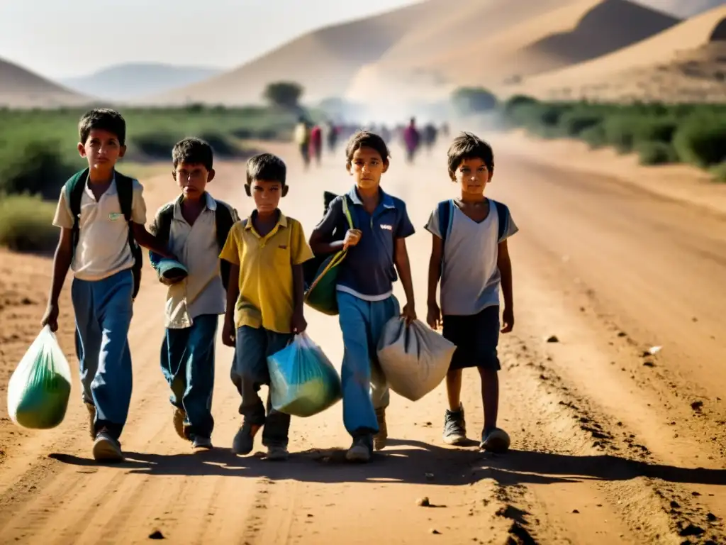 Un grupo de niños migrantes camina por un camino polvoriento, mostrando determinación y resiliencia en su odisea