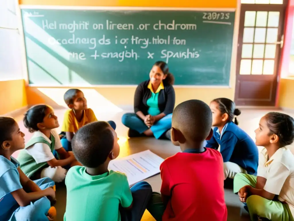 Grupo de niños migrantes participan con entusiasmo en una clase improvisada, rodeados de coloridos carteles educativos