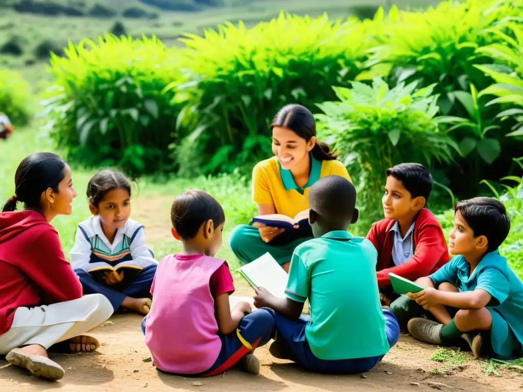 Grupo de niños migrantes recibiendo educación primaria en un aula improvisada al aire libre, rodeados de naturaleza, creando un ambiente esperanzador