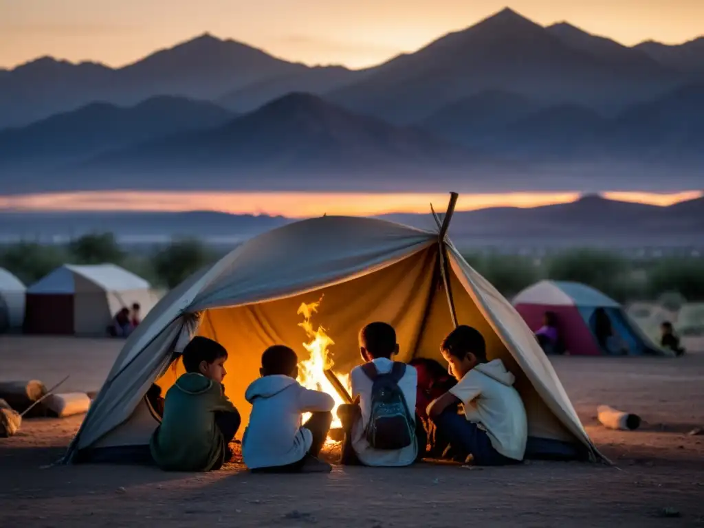 Un grupo de niños migrantes se resguarda bajo un refugio improvisado, iluminados por la luz tenue de una fogata