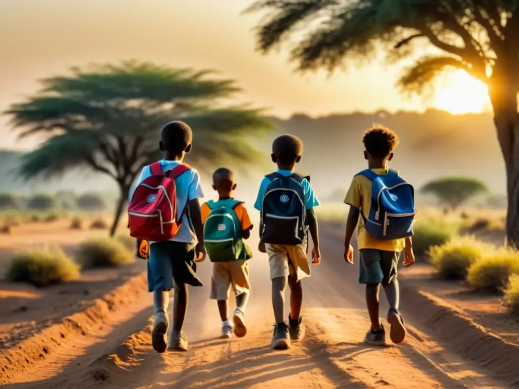 Grupo de niños con mochilas caminando por una carretera polvorienta, al atardecer