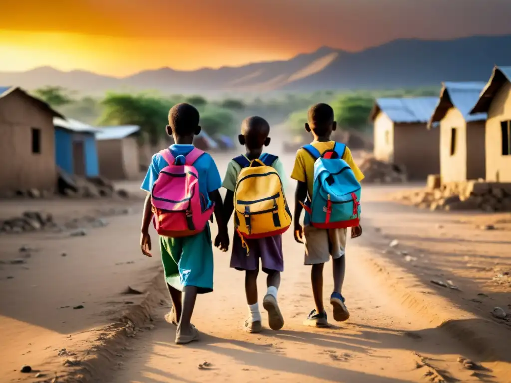 Un grupo de niños con mochilas coloridas caminan por un camino polvoriento al atardecer, transmitiendo resiliencia educativa en zonas de conflicto