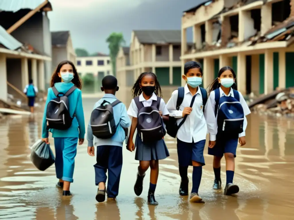 Grupo de niños con mochilas y mascarillas caminan en una calle inundada