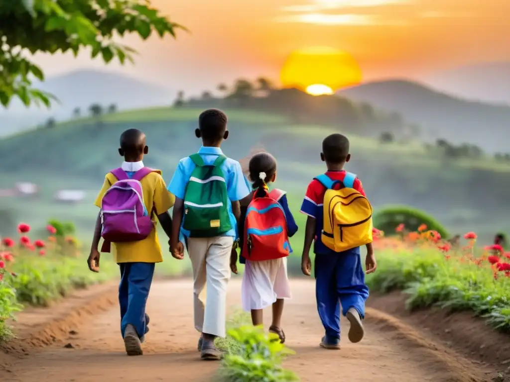 Grupo de niños de diferentes orígenes étnicos caminando hacia la escuela, transmitiendo esperanza y determinación