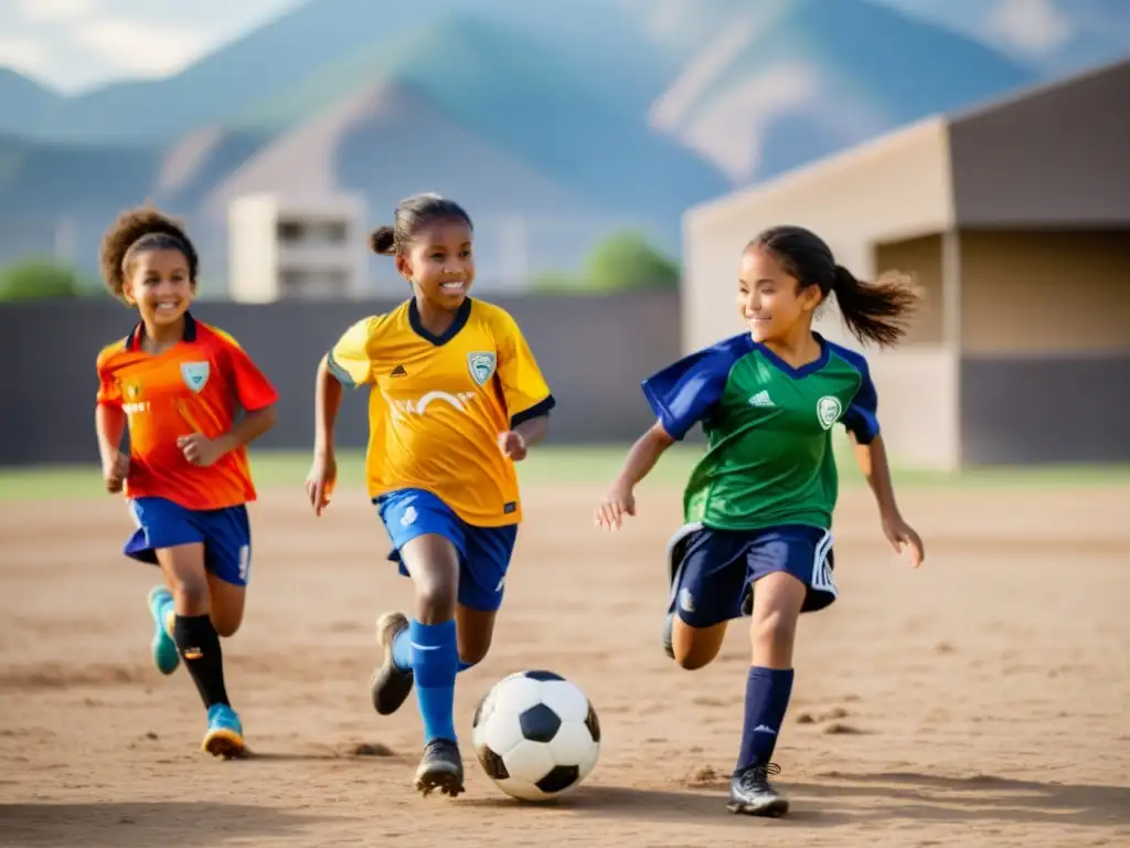 Grupo de niños de diferentes orígenes jugando fútbol en un campo polvoriento, expresando determinación y unidad