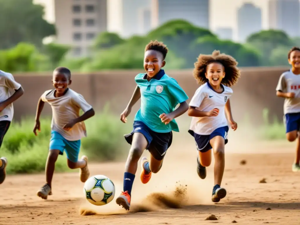 Un grupo de niños de diferentes orígenes juegan al fútbol en un campo polvoriento bajo el sol