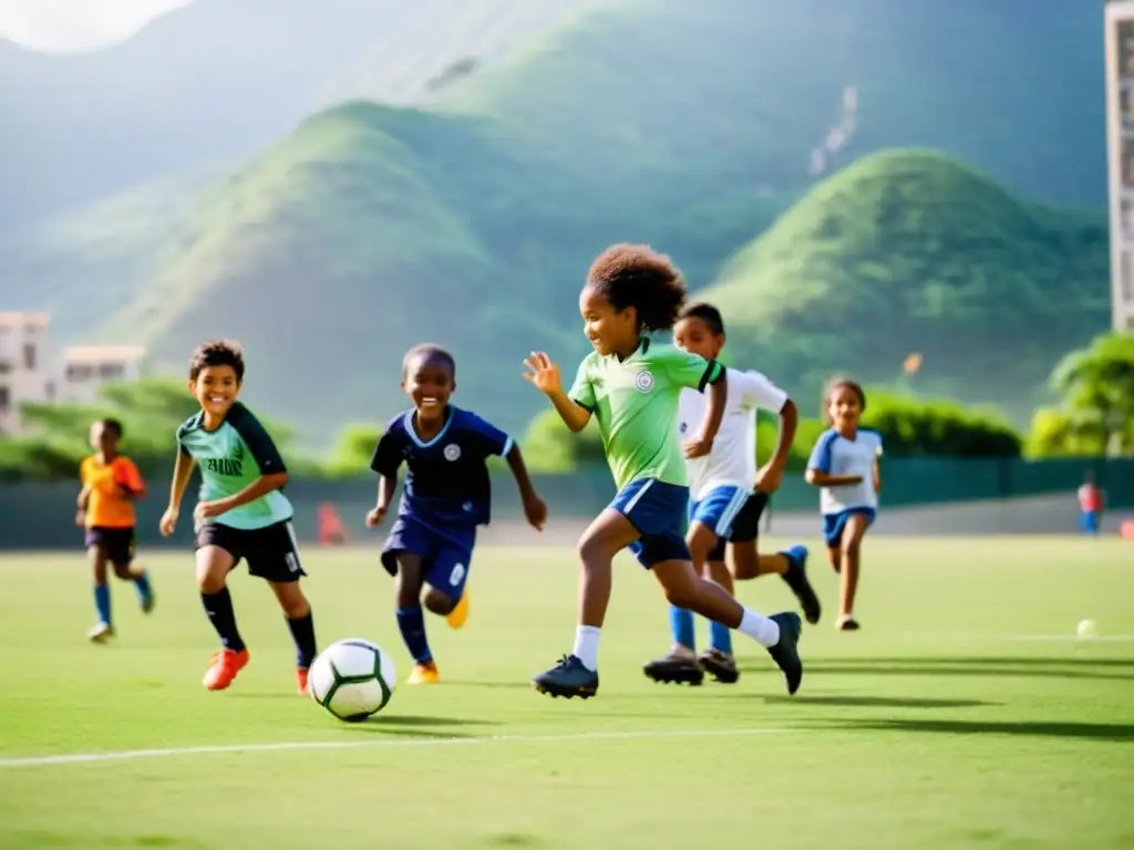 Un grupo de niños de diferentes orígenes juega al fútbol en un campo improvisado, mostrando unidad y alegría