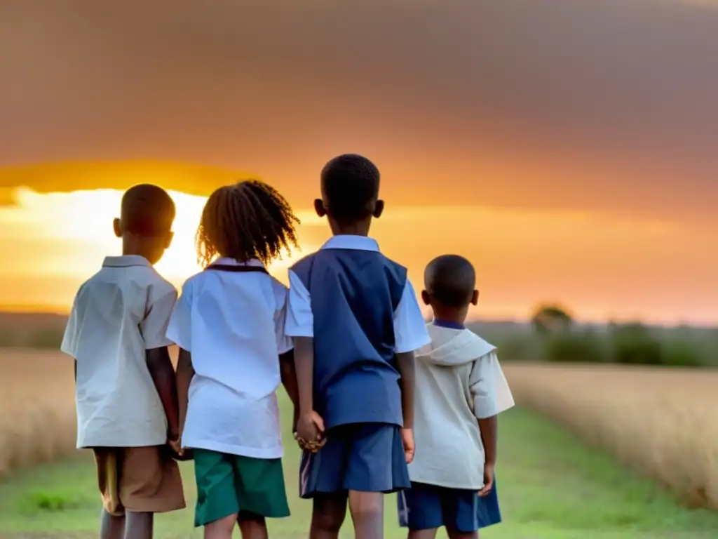 Un grupo de niños de diferentes orígenes, unidos en un campo, mirando hacia el horizonte con esperanza y determinación