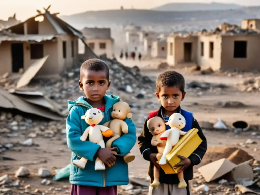 Grupo de niños en paisaje de guerra, mostrando la dura realidad de conflictos no reportados en la infancia