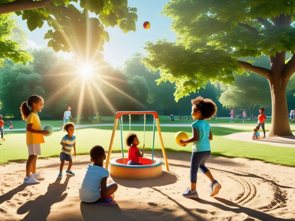 Un grupo de niños juega en un parque, expresando alegría y concentración